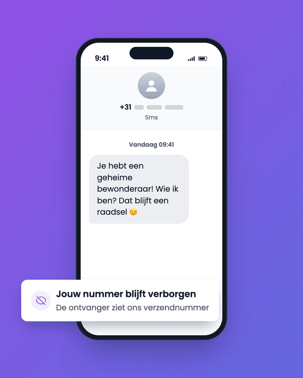 Telefoon van de ontvanger met de anonieme sms: bovenin een Nederlands nummer (+31, cijfers niet leesbaar), geen naam. Kaartjes: jouw nummer blijft verborgen, geen account nodig.